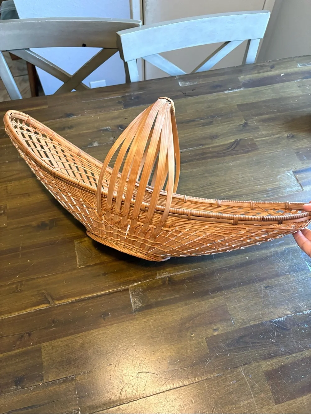 Vintage Oblong Basket Boat Oval Woven Natural Rattan Bamboo Fruit Bread Decor